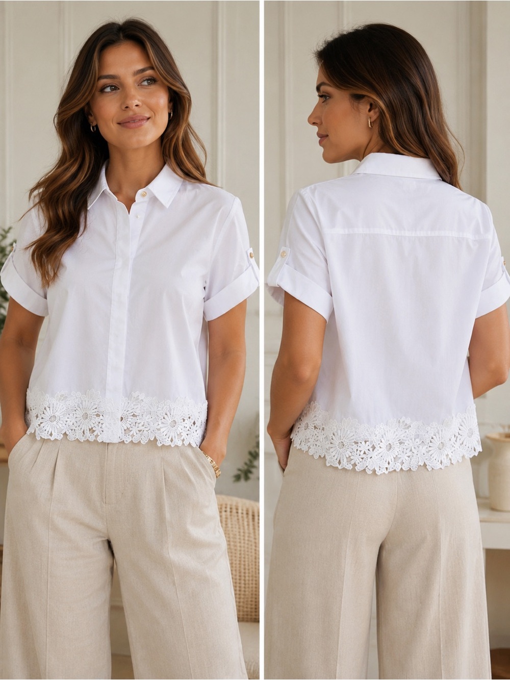 Karl Lagerfeld White Short-Sleeve Button Shirt with Lace Hem